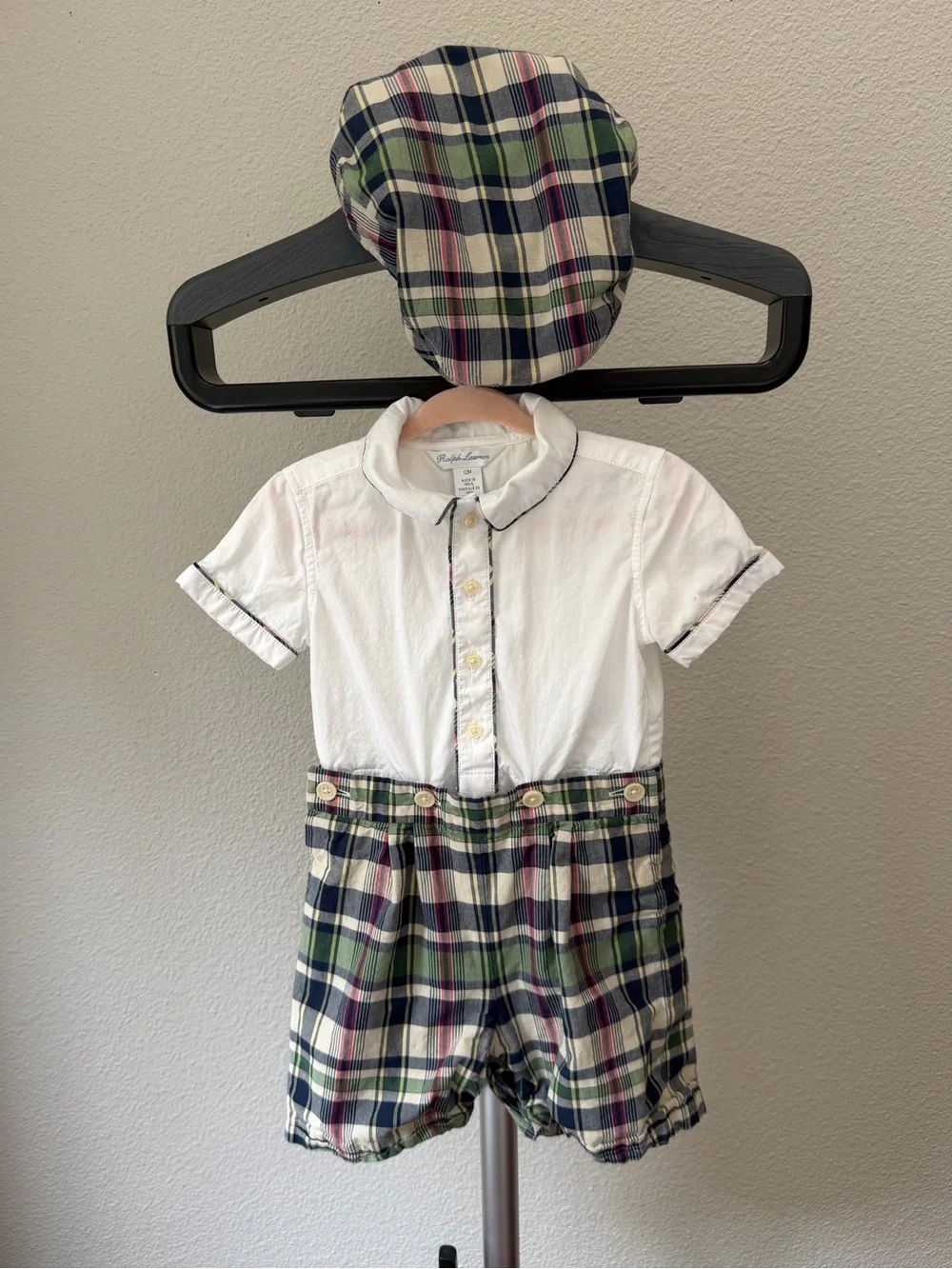 Ralph Lauren Baby Boy Cotton Shirt, Madras Short & Cap Set